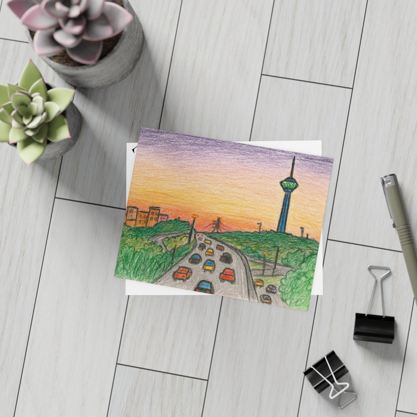 Tehran Sunset Postcard – Milad Tower Skyline (Crayon Style)