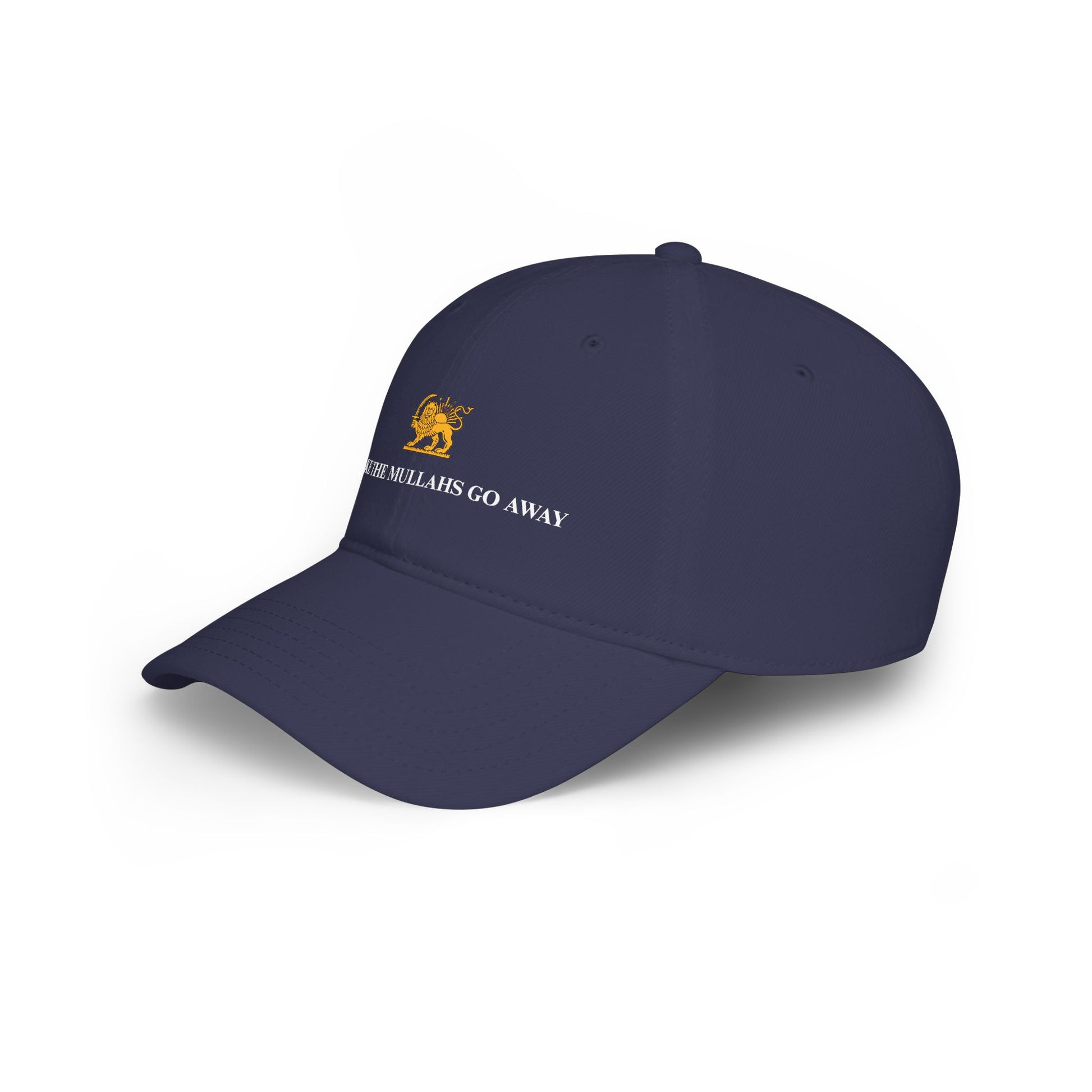 Navy blue cap with text and logo on a white background