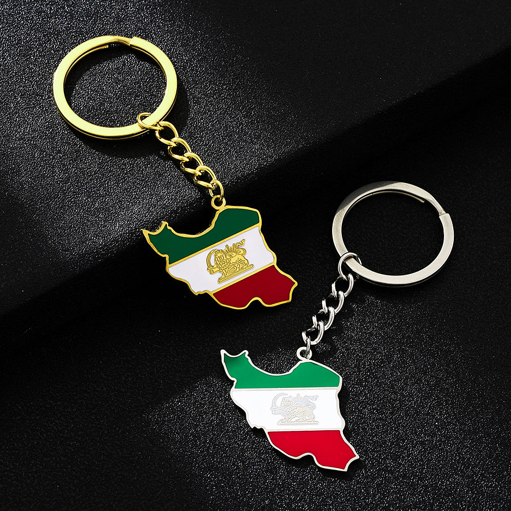 Iran Map Keychain with Lion & Sun – Persian Flag Pendant Key Ring, Iranian Gift Accessory