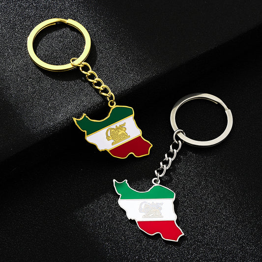 Iran Map Keychain with Lion & Sun – Persian Flag Pendant Key Ring, Iranian Gift Accessory