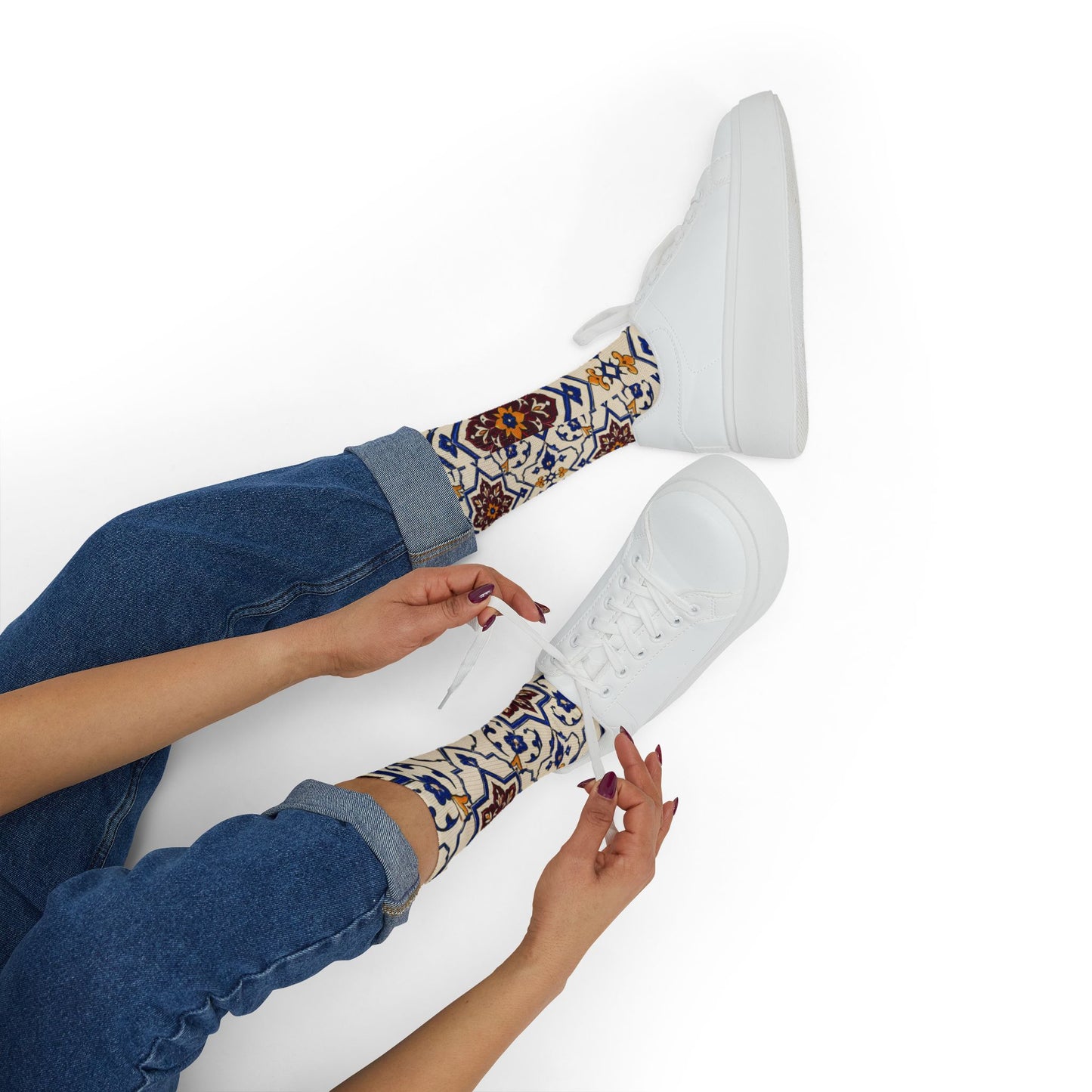 Persian Tile Pattern Crew Socks – Burgundy & Cobalt Iranian Art Socks