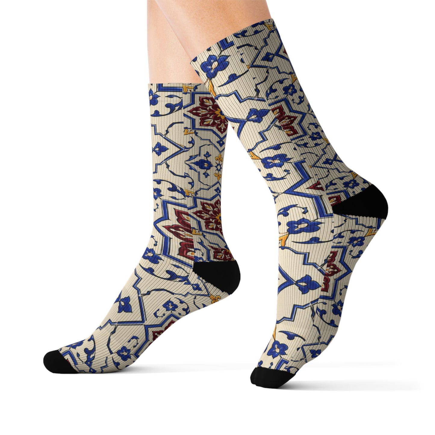 Persian Tile Pattern Crew Socks – Burgundy & Cobalt Iranian Art Socks