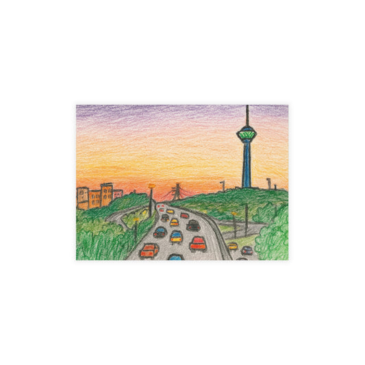Tehran Sunset Postcard – Milad Tower Skyline (Crayon Style)