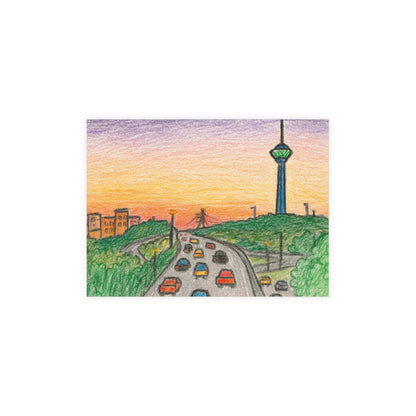 Tehran Sunset Postcard – Milad Tower Skyline (Crayon Style)
