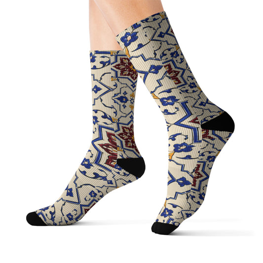 Persian Tile Pattern Crew Socks – Burgundy & Cobalt Iranian Art Socks
