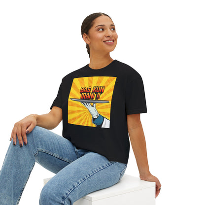 Bas Kon Iran !! / Bas Nakardi?! Graphic Women's Boxy Tee — Retro Pop Art Slogan Shirt