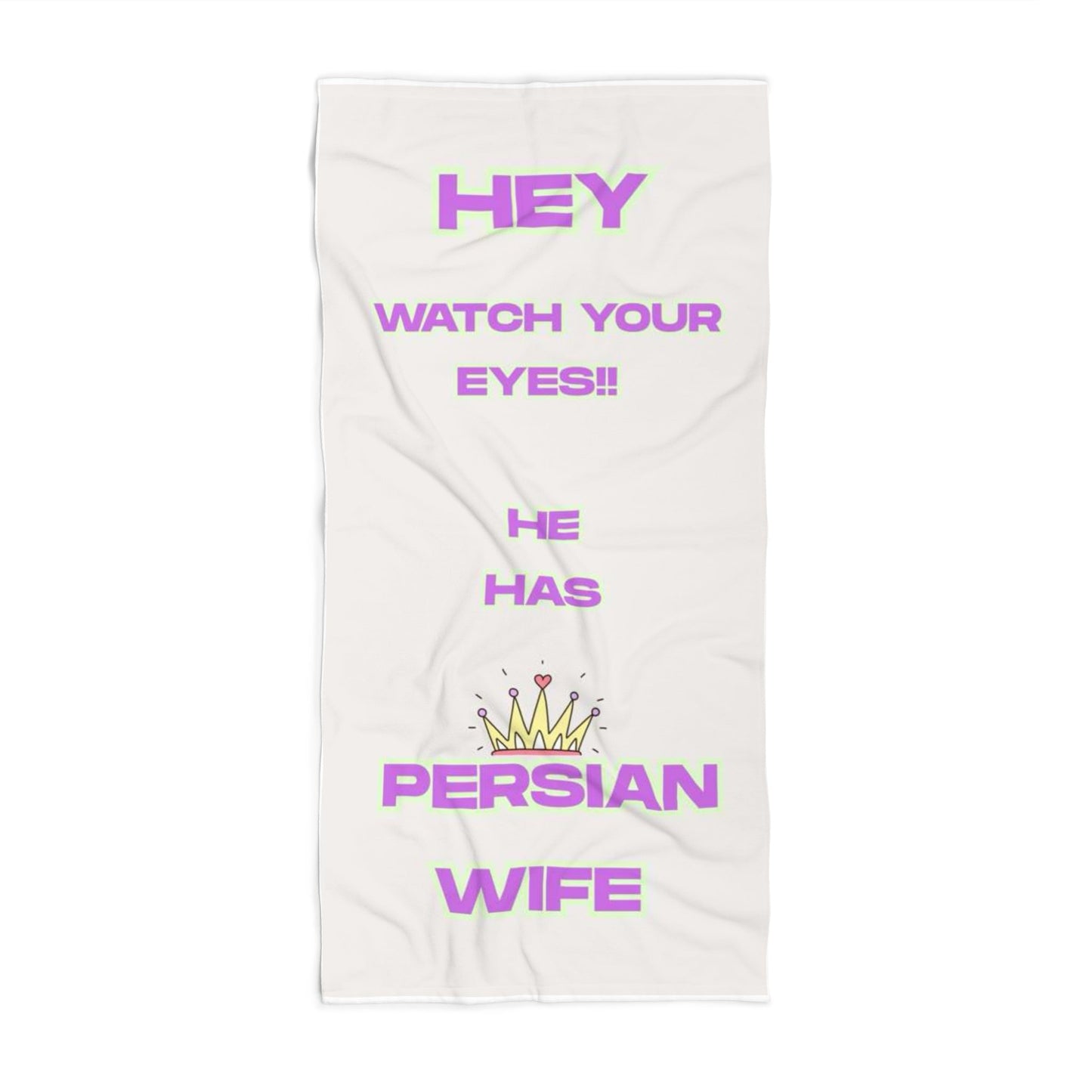 White towel with pink text on a white background