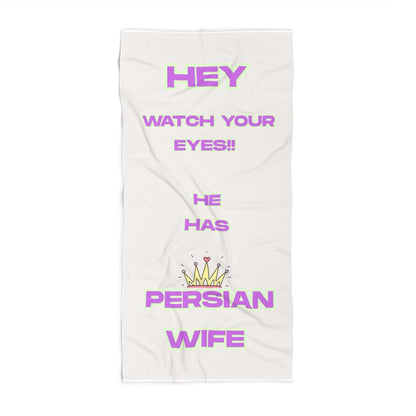 White towel with pink text on a white background