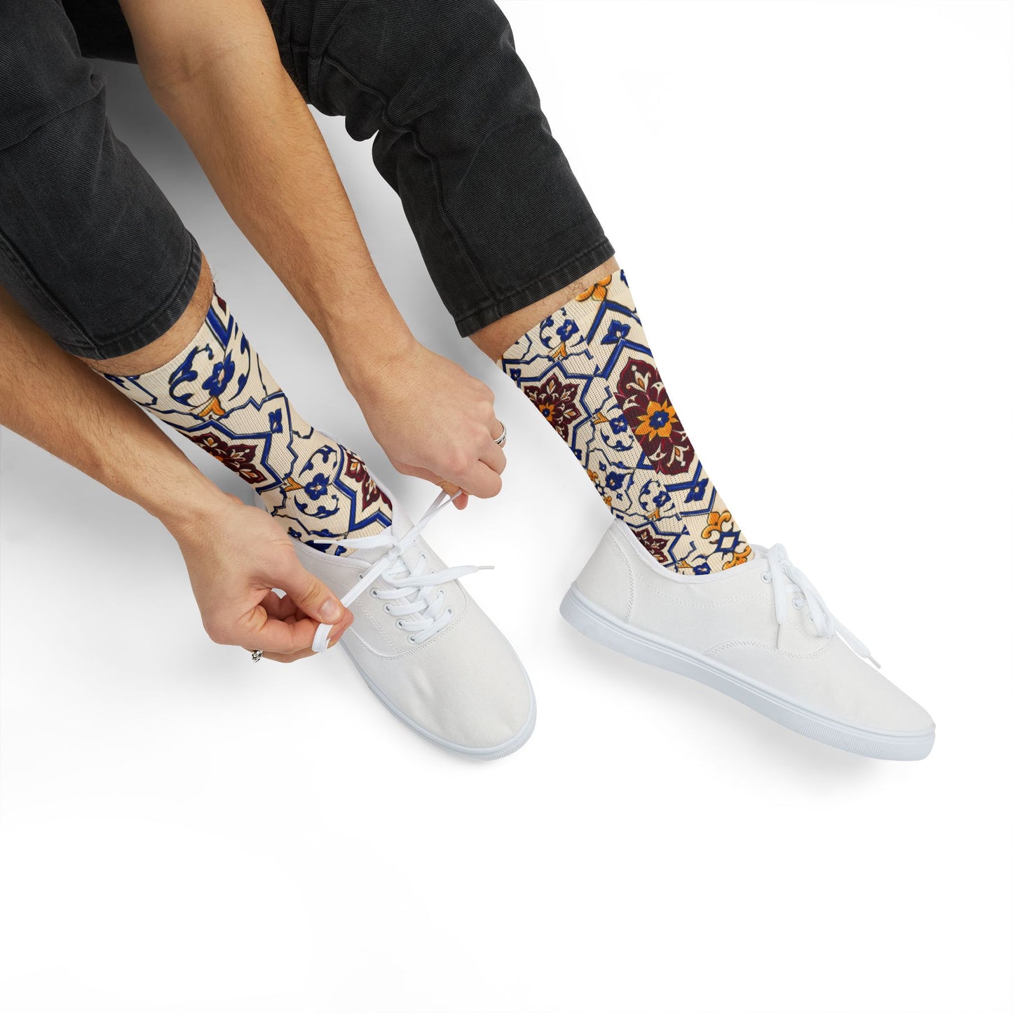 Persian Tile Pattern Crew Socks – Burgundy & Cobalt Iranian Art Socks