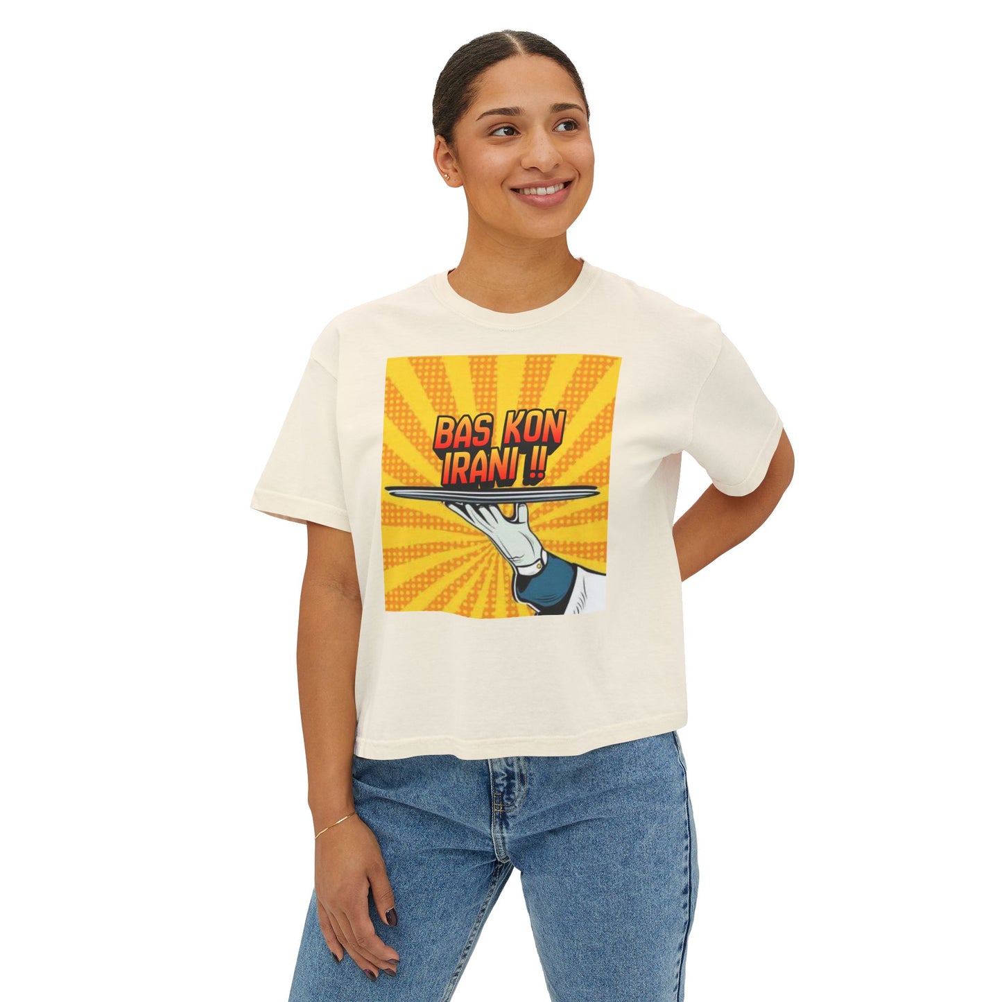 Bas Kon Iran !! / Bas Nakardi?! Graphic Women's Boxy Tee — Retro Pop Art Slogan Shirt
