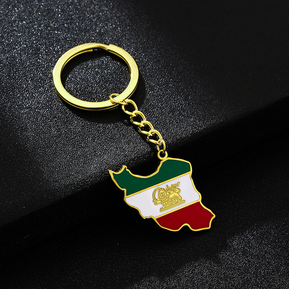 Iran Map Keychain with Lion & Sun – Persian Flag Pendant Key Ring, Iranian Gift Accessory