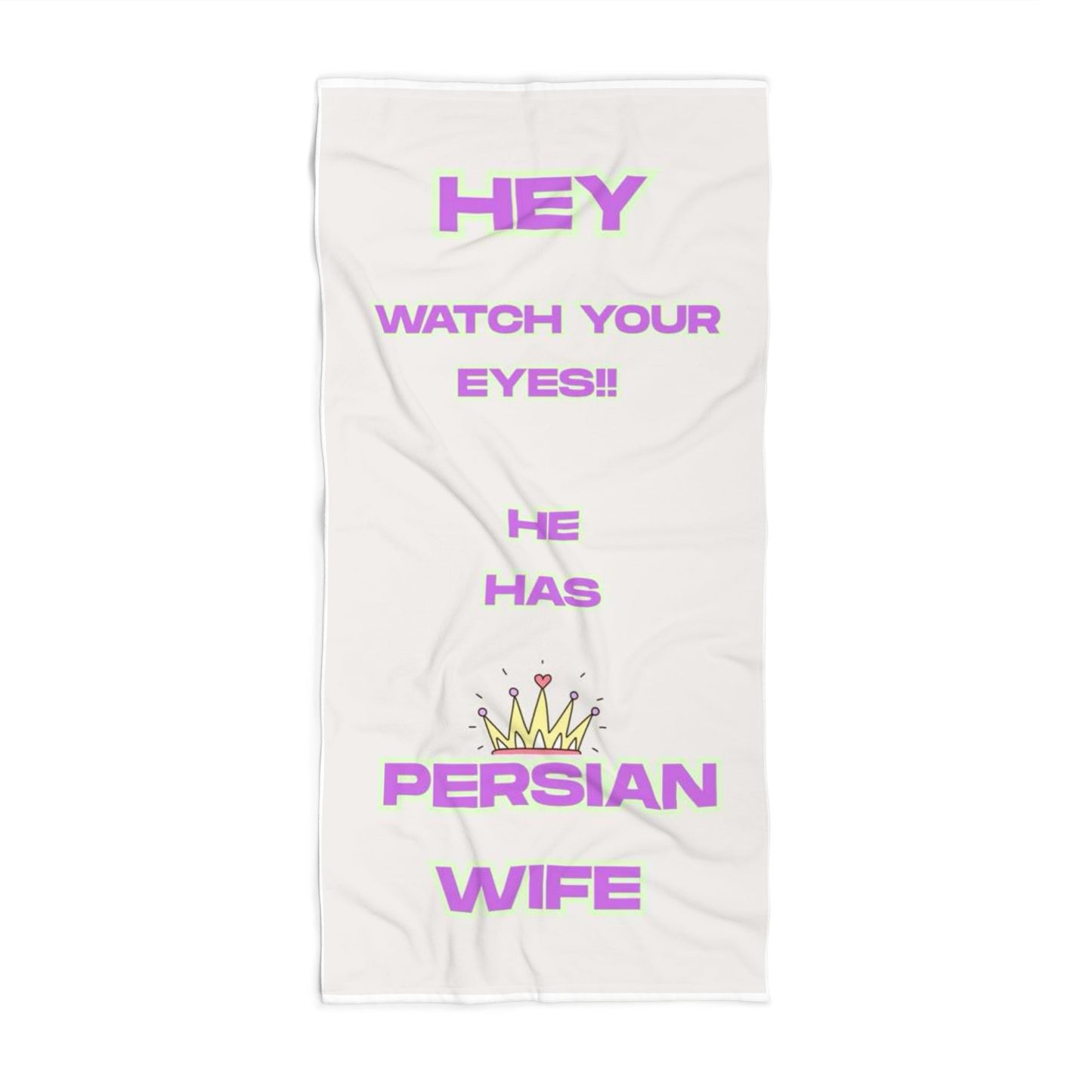 White towel with purple text and a crown graphic on a white background
