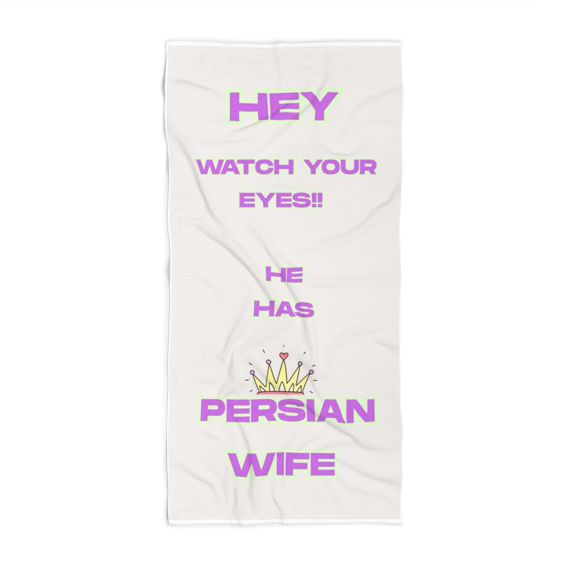 White towel with purple text and a crown graphic on a white background