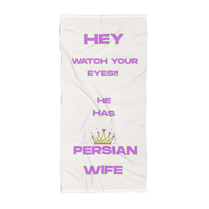 White towel with purple text and a crown graphic on a white background